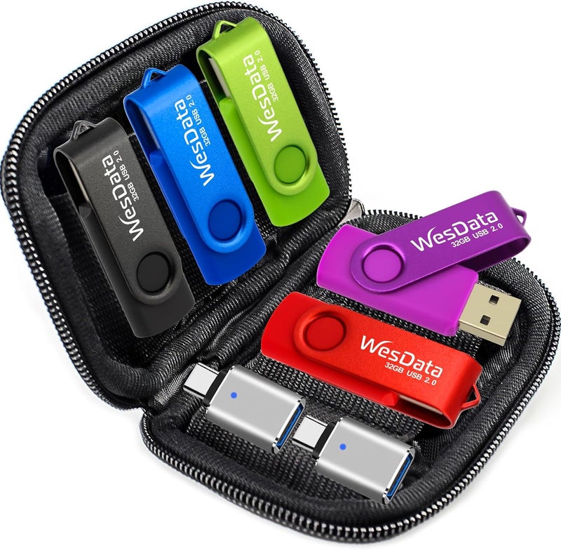 WesData 5 Pack 16GB USB Flash Drive and 2 Pack USB C Adapters in a Case, Thumb Drives Memory Stick Storage and Backup for Smart Phones with Type C Port, Laptops, PC(5 Colors) - Image 1